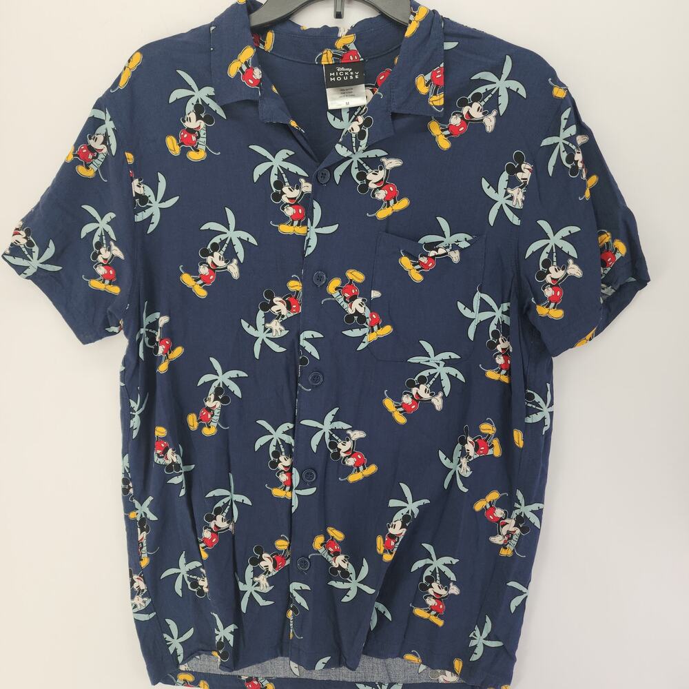 Disney Mickey Mouse Tropical All Over Print Button Up Camp Shirt Navy M